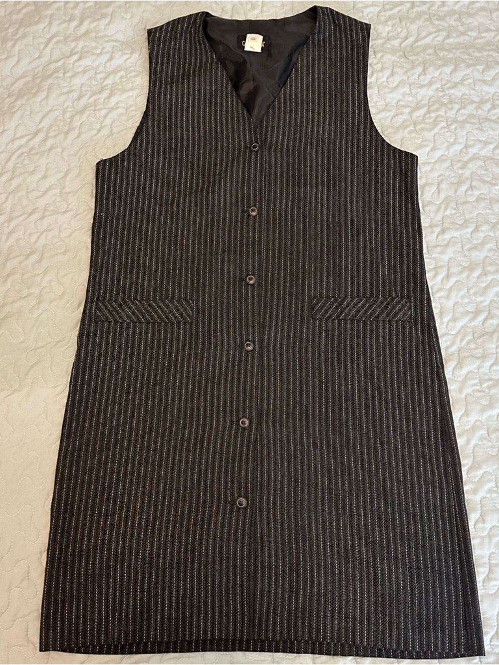 Vintage 90s Made in USA Grey & White Pinstripe Button Front Women’s Dress